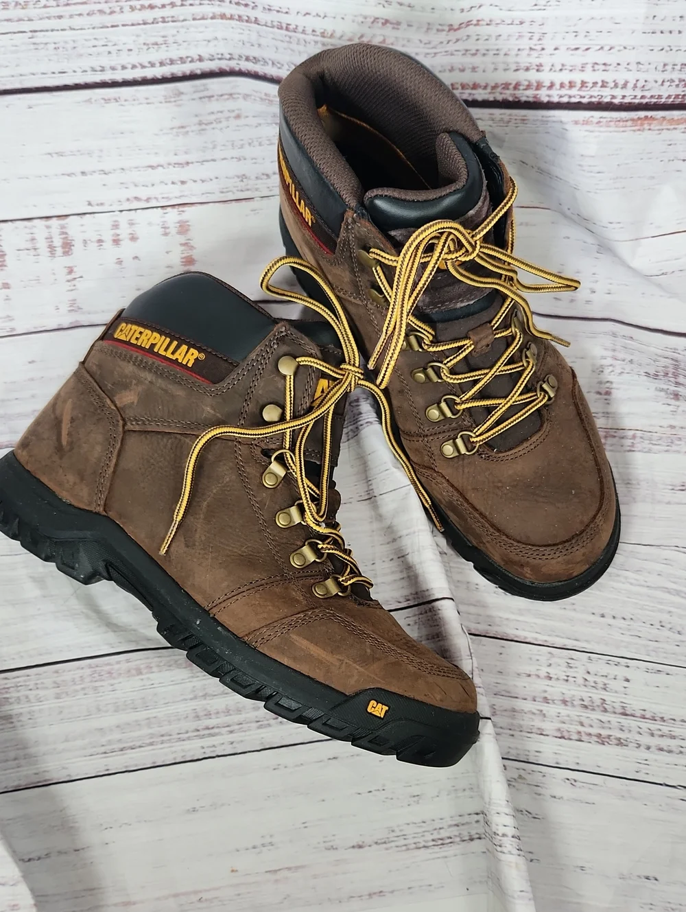 Caterpillar Brown Leather Work Boots with Yellow Laces